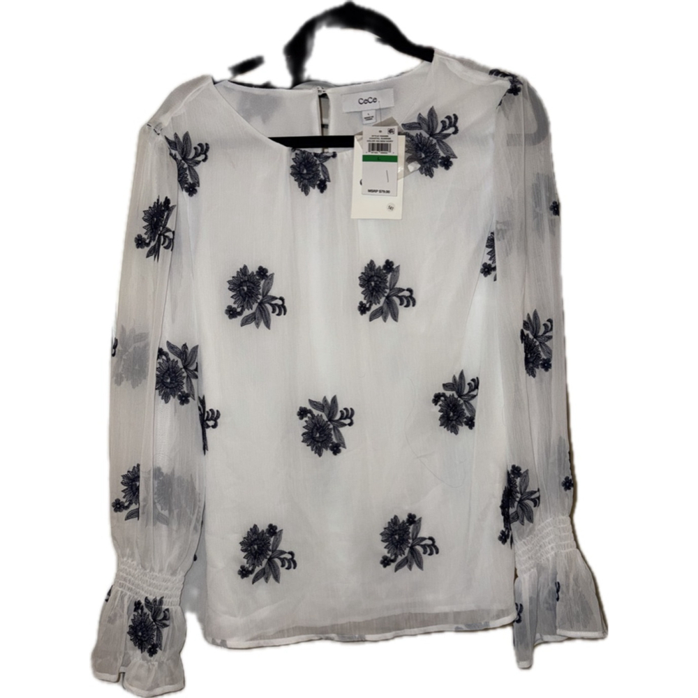 Women's CeCe Ivory Navy Floral Embroidered Blouse L